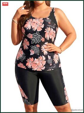 Plus Size Tummy Control Tankini Set with Knee Length Shorts 2 Piece Swimwear